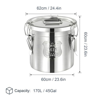 304 Stainless Steel Airtight Storage Bucket with Lid, Food Grade Sealed Canister for Kitchen, Rice, Flour, Grain, Pet Food, Waterproof Camping Storage Container(170L/45Gal) - size: 170L/45Gal