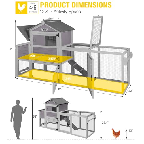 Aivituvin Large Chicken Coop with Wheels, Outdoor Hen House Mobile Poultry Cage with Run, Weatherproof Asphalt Roof, Sectionable Nesting Box, Leakproof Pull-Out Tray for 4-6 Chickens - Grey - size: 80.7"L x 22.0"W x 44.1"H
