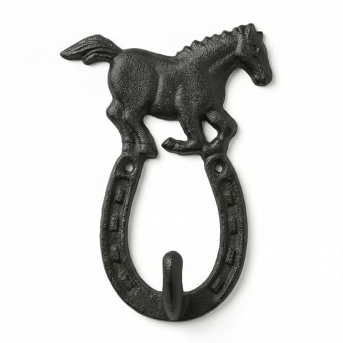 Comfy Hour Antique and Vintage Animal Collection 9.5" Rustic Cast Iron Running Horse & Horseshoe Single Key Coat Hook Clothes Wall Hanger, Wall Mounted, Wildlife Farmhouse Decor for Home