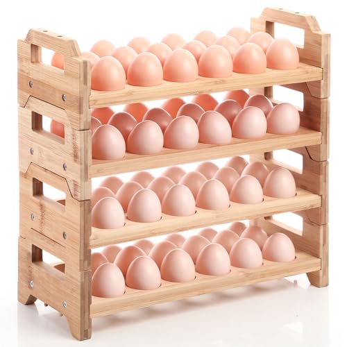 Reallnaive 4 Tier Wooden Egg Holder for Countertop, Bamboo Stackable Fresh Eggs Storage Farmhouse Collecting Rack for Gathering Kitchen Organizer or Easter Egg Display, Stackable with 72 Eggs(Wood) - color: Wood