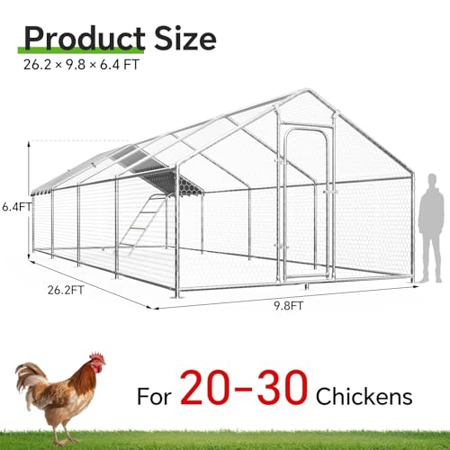 Large Metal Chicken Coop with Roosting Perch, Waterproof and UV Protection Cover, Chicken Run Outdoor Walk-in Cage Chicken Rabbit Duck Hen House for Yard Farm Use Spire Roof (10’ W x 26.2’ L x 6.4’ H) - size: 26x10Ft - Spire