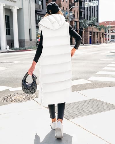 BTFBM Long Puffer Vest Women Quilted Hooded Button Down Zip Up Sleeveless Vests Outerwear Padded Jacket Fall Winter Coat - color: White, size: Medium