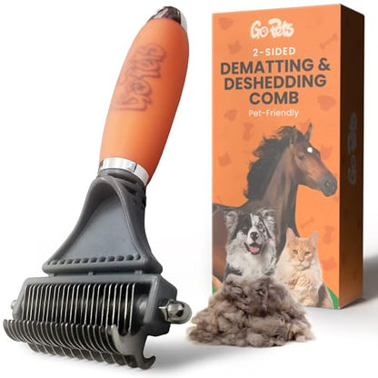 GoPets 2-in-1 Dematting Comb for Dogs, Pet Grooming Rake, Double-Sided Dog Brush for Shedding, Deshedding Brush for Cats, Undercoat Mat Dematting Tool for Long Haired Cats, Grooming Matting Hair - style: 2-Sided Dematting Comb