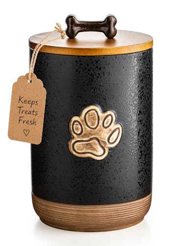 Miamolo Dog Treat Storage Container, Ceramic Dog Treat Jar with Airtight Lid, Puppy Treats Food Canister for Kitchen Counter Farmhouse Decor, Gift Doggie Snack Jar for Counter, Paw Glinting Black - color: Paw Glinting Black