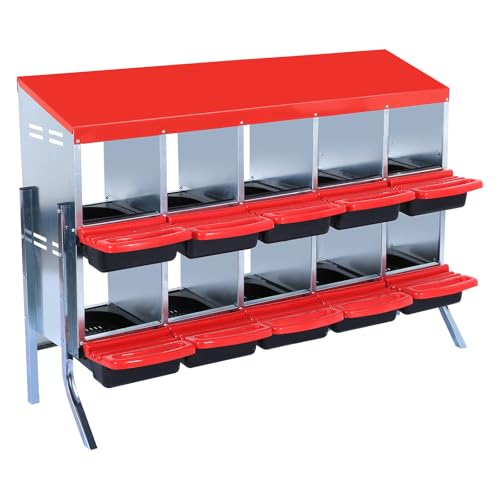 GarveeHome 2-Tier Chicken Nesting Box, 10 Compartment Metal Chicken Laying Boxes with Waterproof Roof ＆ Removable Trays for Hens, Poultry，Easy Egg Collection - color: Red, size: 10 holes with legs