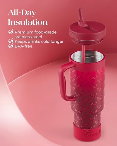 40 oz Insulated Tumbler with Handle and Push-Button Straw Lid, Stainless Steel Travel Cup for Gym Office, Leakproof, BPA-Free, Cup Holder Friendly, Bow Silicone Boot, Red (Coquette Cherry) - color: Coquette Cherry