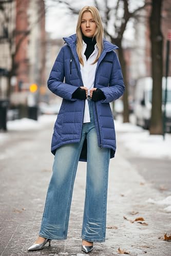 Orolay Women's Winter Down Jacket Long Quilted Puffer Coat Warm Hooded Slim Fit Outerwear - color: Blue, size: Medium