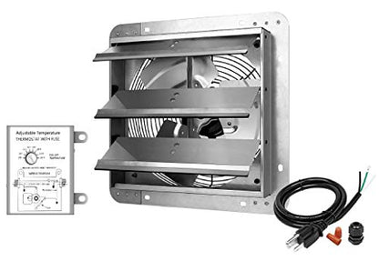 iPower 12 Inch Wall Mounted Shutter Exhaust Fan with Temperature Controller and Power Cord Kit, Aluminum, 1600 RPM, 940 CFM, for Attic, Garage, Louvered Vent, Plant, Greenhouse, Silver - size: 12 Inch, style: Temp Controller Exhaust Fan(with Power Cord)
