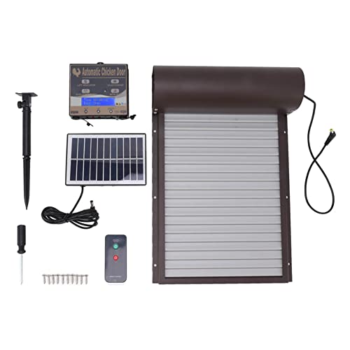 Automatic Solar Powered Chicken Coop Door with Light Sensing and Timer, Metal Iron Auto Chicken House Protection Door for Duck Goose, Remote Control, with LED Clear Dosplay (Brown)