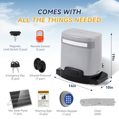 1300lbs Solar Sliding Gate Opener Chain Drive with Built-in Backup Battery, WiFi Remote Control, IR Sensor, Keypad, Automatic Gate Motor, Off-Grid Operation with Solar Panel
