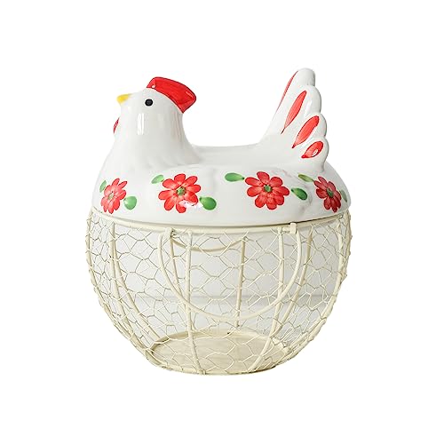 Egg Storage Baskets for Fresh Eggs, Kitchen Countertop Storage Organization Egg Dispenser, Ceramic Chicken Lid with Wire Basket, Holds 20-25 Eggs - color: white2