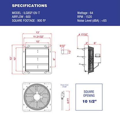 iLiving ILG8SF10V-T, 10 inch Shutter Exhaust Attic Garage Grow, Ventilation Fan with 3 Speed Thermostat 6 Foot Long 3 Plugs Cord, 10" - Variable, 600 CFM, 900 SQF Coverage Area, Silver - style: 3-Speed With Built-in Thermostat