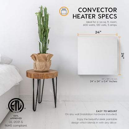 EconoHome Wall Mount Space Heater Panel - with Thermostat and Heat Guard Cover - 400W Convection Heater - for 120 Sq Ft Room - 120V Electric Heater - Updated Model - size: 400W