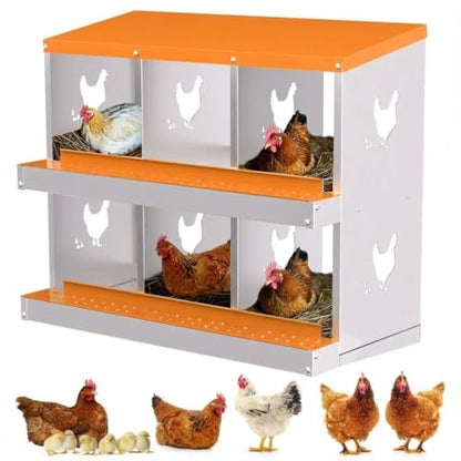 Chicken Nesting Box,6 Holes Galvanized Steel Metal Chicken Laying Box with Automatic Roll-Away Egg Collection System & Removable Tray,Wall Mount Nesting Boxes - color: Orange, size: 6 Holes
