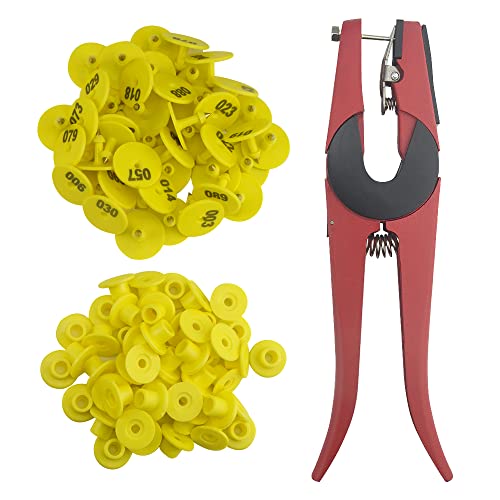 WMYCONGCONG 100 Sets Livestock Ear Tags Identification Tags Round Shape 1-100 Numbered with 1 PCS Pliers Applicator for Goats Sheep Pigs Dogs Yellow - color: Yellow