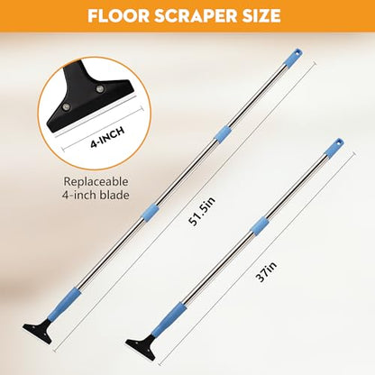 Heavy-Duty Floor Scraper with Long Handle (37''-51.5''), 4-Inch Metal Scraper Cleaning Tool, Comes with 10 Blades, Suitable for Cleaning Walls, Glass, Adhesives, Chewing Gum, and Ceilings - size: 37in