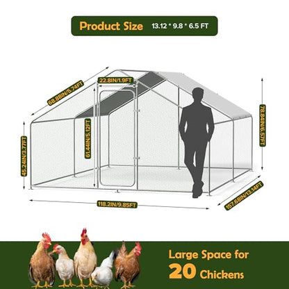 Metal Chicken Coop with Cover for Yard Large Walk-in Chicken Runs for 20 Chickens with Galvanized Steel Frame for Outdoor Heavy Duty Spire Roof Poultry Cage for Hen Duck Rabbits Goose Puppy