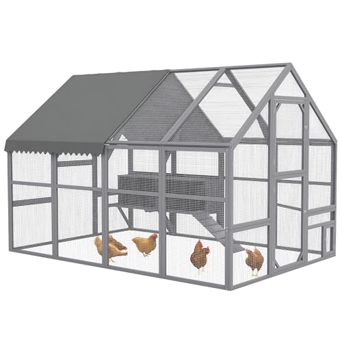 PawHut Large Wooden Chicken Coop for 8-12 Hens, Walk-in Chicken Run with Waterproof Cover, Nesting Boxes and Perch, Outdoor Poultry Cage Rabbit Hutch for Backyard, 110.2" x 73" x 74", Gray - color: Grey, size: 110.2"L x 73.0"W x 74.0"H