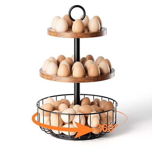 3-Tier 360° Rotating Egg Holder with 24+40 Egg Capacity - Rustic Farmhouse Kitchen Counter Organizer, Tiered Egg Storage Rack with Ventilated Wooden Trays & Metal Basket for Easter Eggs, Fresh Eggs - size: 360° Rotating
