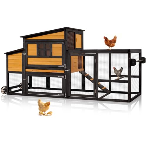 Chicken Coop with Run for 4-8 Chickens (Max Version), Outdoor Mobile Hen House with Wheels, Easy Clean Nest Box & Tray, Waterproof Roof, Better Airflow, Wooden Poultry Cage, Brown, 83.3"x33.5"x41.6" - color: Brown, size: 83.3"x33.5"x41.6"