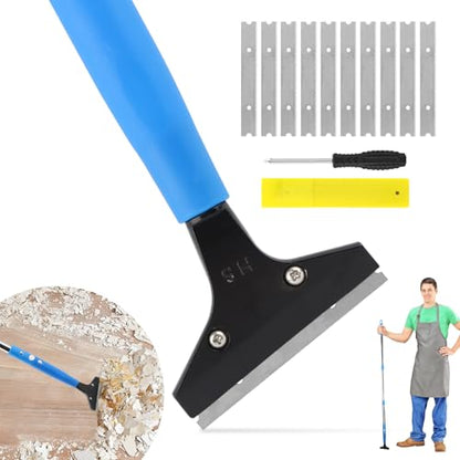 Heavy Duty Floor Scraper, 8" Wide Razor Blade Scraper Tool with 48" Long Handle, 10PCS Extra Metal Blades for Cleaning Wall Glass Floor Paint Gum Stains Stickers Linoleum Stove Top
