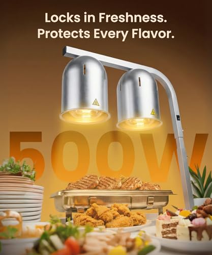 Heat Lamp for Food 500W Teflon-Coated Bulbs Food Heat Lamp for Fast and Even Heating Commercial Food Warmer with 5 Adjustable Height Lamp Stand for Home Restaurant Buffet Bakery Silver | Fast and Even Heating Commercial Food Warmer with 5 Adjustable Heigh