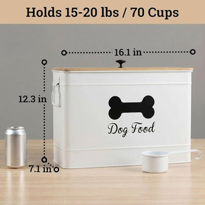 Dog Food Container Airtight 15-20 lb (70 Cup) Capacity with Metal Scoop - Cute Airtight Dog Food Storage Container with Bamboo Lid - White Metal Kibble Storage Bin for Dogs up to 100 lbs - Big Pet Jar - color: White