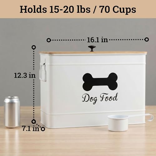 Dog Food Container Airtight Bamboo Lid 15-20 lb Sturdy Metal Handle 70 Cups | Pet Jar For Dogs up to 100lbs, Airtight Bamboo Lid, Sturdy Comfortable Metal Handle, Powder Coated Iron, Kibble Storage Bin - color: White