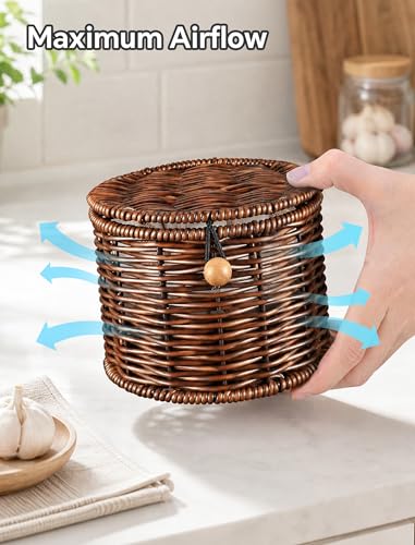 NiHome Garlic Keeper, Handwoven PP Rattan-Style Container with Ventilated Design for Countertop Kitchen or Pantry Use, Dark Brown