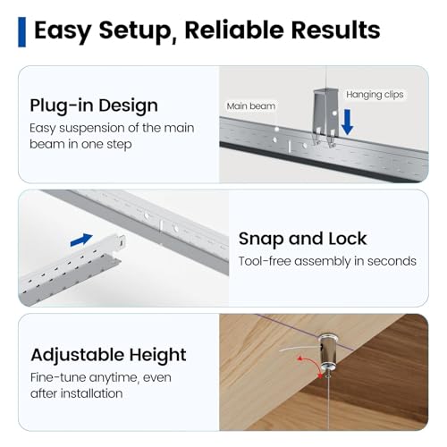 Muzata 64 Sq Ft Drop Ceiling Grid System White Complete Set Galvanized Steel Grid Kit Easy Installation for Basement Living Room Kitchen Bathroom Ceiling, TS04