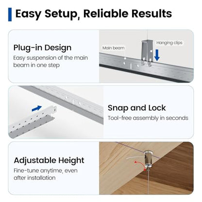 Muzata 64 Sq Ft Drop Ceiling Grid System White Complete Set Galvanized Steel Grid Kit Easy Installation for Basement Living Room Kitchen Bathroom Ceiling, TS04