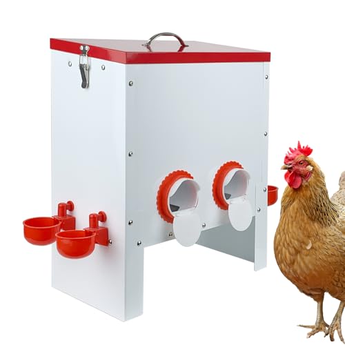 2 in 1 Metal Large Chicken Feeder and Waterer Set 35 LB No-Waste Design Automatic Chicken Feeder and Waterer for Outdoor Coops with 4 Feeding Ports and 5 Water Cups