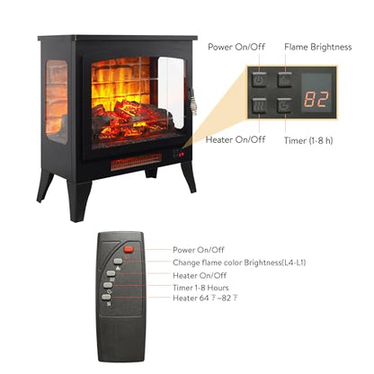 21" Electric Fireplace Stove Heater, Freestanding Electric Fireplace w/Realistic Flame, Remote, Timer, Small Fireplace w/Adjustable Brightness, Thermostat, Overheating Protection, 1400W - size: 21"
