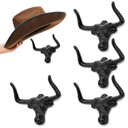 Foraineam 4 Pack Cowboy Hat Rack for Wall, Animal Head Metal Cowboy Hat Hanger Cap Holder, Cast Iron Western Longhorn Hooks for Closet Bedroom Living Room Hats Storage and Display Rustic Men's Gift