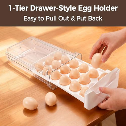 Egg-Holder for Fridge, 18 Egg-Storage for Refrigerator Countertop, 1 Tier Dispenser with Drawer, Stackable Clear Egg Tray Container, Egg Organizer, Fits Large Eggs, White - size: 1 Tier-White