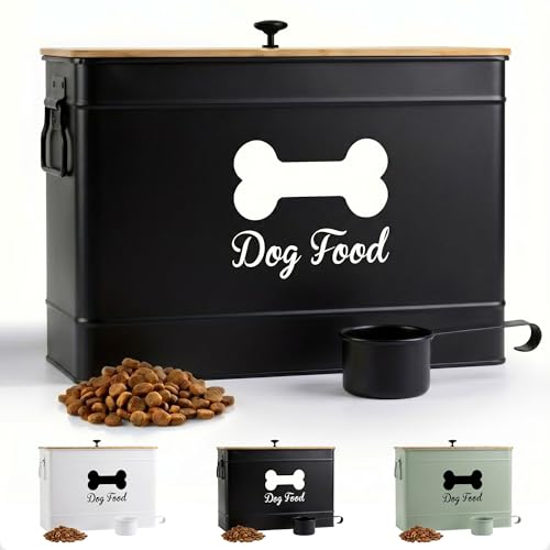 Dog Food Container Airtight 15-20 lb (70 Cup) Capacity with Metal Scoop - Cute Airtight Dog Food Storage Container with Bamboo Lid - Black Metal Kibble Storage Bin for Dogs up to 100 lbs - Big Pet Jar - color: Black