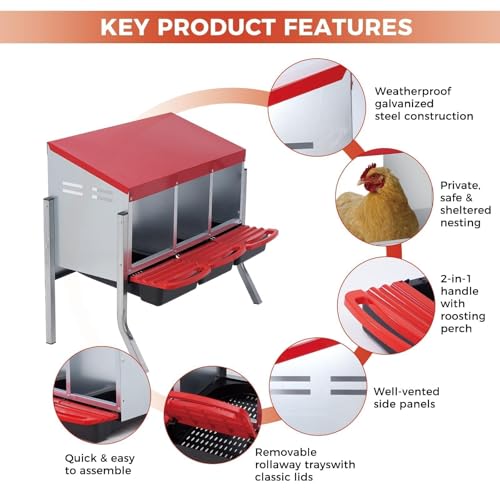 Metal Chicken Nesting Box - Heavy Duty Nesting Boxes for Chickens Coop with Easy-Collect Tray & Lid, 3 Hole Galvanized Steel Egg Laying Boxes for Hens Ducks, Freestanding or Wall Mounted