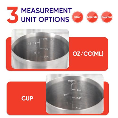 Newness Stainless Steel Measuring Cup, Metal Measuring Cup with Handle (Upgraded, 3 Marking Including Cup/ML/Ounce Scale), 16 Ounces (0.5 Liter, 2 Cup) - size: 16 OZ (2 Cup, 500 ML)