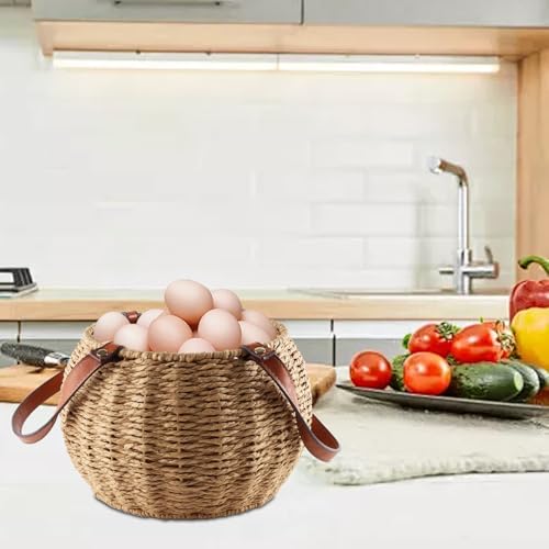 Farmhouse Egg Basket,Large Egg Collecting Basket with Handle,Round Wicker Egg Basket for Gathering and Carrying Fresh Eggs, Egg Holder for Kitchen Countertop,Picnic,Garden