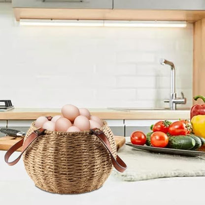 Farmhouse Egg Basket,Large Egg Collecting Basket with Handle,Round Wicker Egg Basket for Gathering and Carrying Fresh Eggs, Egg Holder for Kitchen Countertop,Picnic,Garden