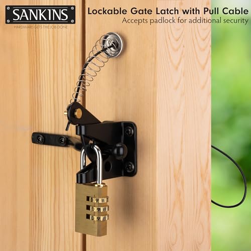 Self-Locking Gate Latch with Spring Cable Pull for Wooden Fence Gate Heavy Duty, Post Mount Automatic Gravity Lever Gate Fence Door Latches for Wooden Fence Secure Pool Garden Shed, Black - size: With Spring-loaded pull cord