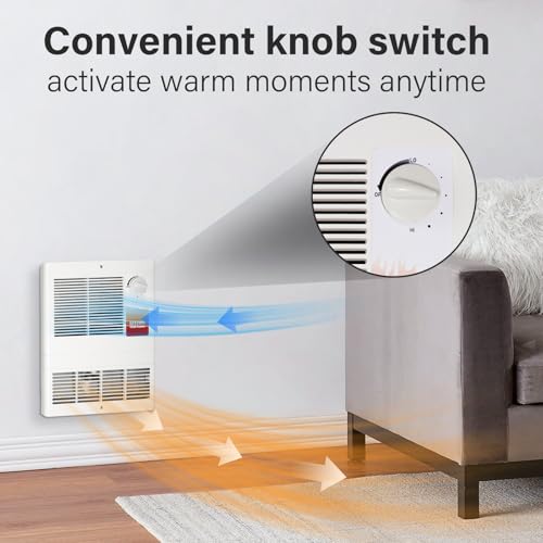 9815WH Large Capacity Electric Wall Heater with Built-in Adjustable Thermostat and Silent Motor, Overheat Protection, 1500 Watts, 120/240 Volts, White