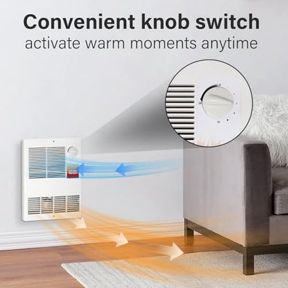 9815WH Large Capacity Electric Wall Heater with Built-in Adjustable Thermostat and Silent Motor, Overheat Protection, 1500 Watts, 120/240 Volts, White