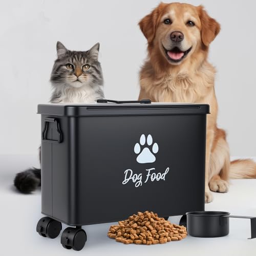 Dog Food Container 13lb, Cute Airtight Pet Food Storage Containers with Metal Lid Scoop, Black Metal Storage Bin for Dog/Cat with Wheels,Easy to Move - color: Black-L