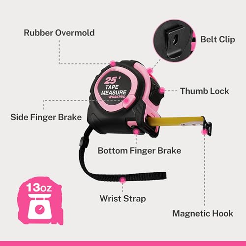 WORKPRO 25-FT Tape Measure with Fractions, 3 Brakes Retractable Measuring Tape, Compact Measurement Tape with Magnetic Hook, Nylon Coating Blade Accuracy 1/32”, Pink - style: 25-FT