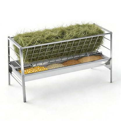 98 Gallon Goat Hay Feeder, Stainless Steel Hay Feeder, 3-in-1 Water, Grain& Feed Trough with 63" Long Hay Rack for Farm, Cow/Horse/Goat Feeders