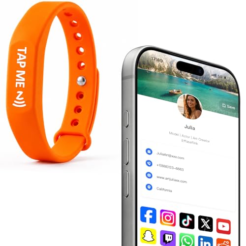 Smart Digital Business Card Wristband with NFC & QR Code - Social Media Sharing Bracelet - Tap to Share Profile - Compatible with iOS & Android (Orange) - color: Orange