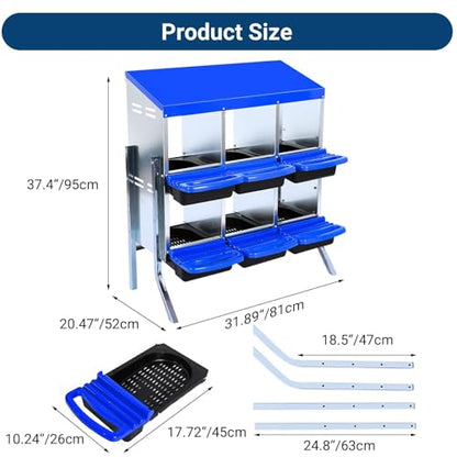 GarveeHome 2-Tier Chicken Nesting Box, 6 Compartment Metal Chicken Laying Boxes with Waterproof Roof ＆ Removable Trays for Hens, Poultry，Easy Egg Collection - color: Blue, size: 6 holes with legs