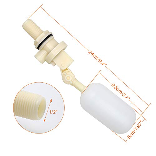 1/2 Inch Float Valve Kit Adjustable Arm Auto Water Level Control | PVC Float Ball Valve for Auto Fill For Water Tank, Pool, Fountain, Swamp Coolers, Automatic Waterer, Dog Water Bowl Dispenser
