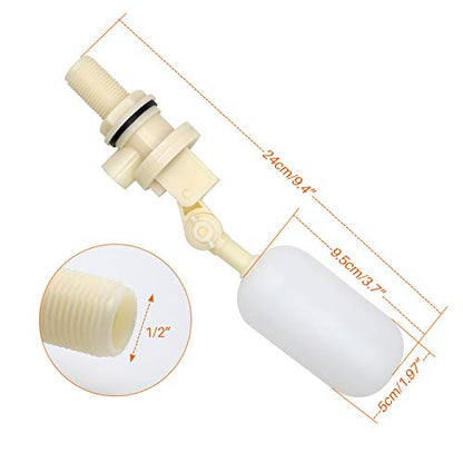 1/2 Inch Float Valve Kit Adjustable Arm Auto Water Level Control | PVC Float Ball Valve for Auto Fill For Water Tank, Pool, Fountain, Swamp Coolers, Automatic Waterer, Dog Water Bowl Dispenser